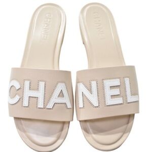 CHANEL Logo 23P Leather Slide Sandals Size 42